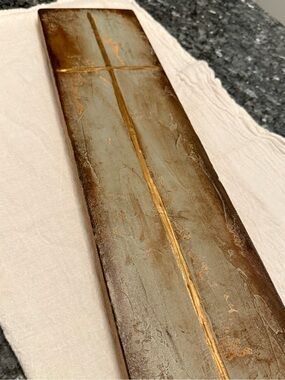 Handpainted Artist Signed Wood Block Sage Gold Raised Cross Religious Scripture
